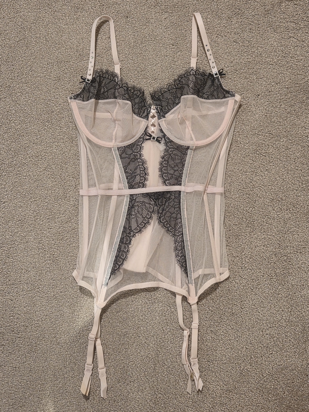 Vintage Y2K Victoria's Secret Light Pink & Black Lace Mesh Corset Lingerie